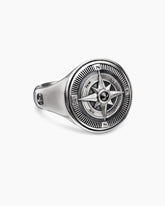 Maritime® Compass Signet Ring in Sterling Silver with Center Black Diamond, 19.4mm
